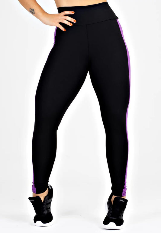 Calça Legging Metamorfose com Listra Lateral Branca e Roxa